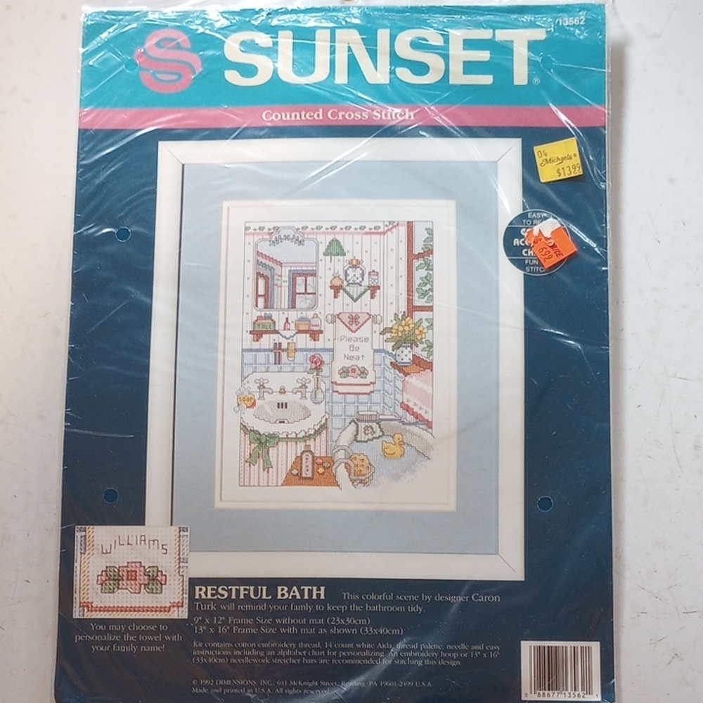 NWT Restful Bath Counted Cross Stitch Sampler Kit, Sunset 13562, Bathroom